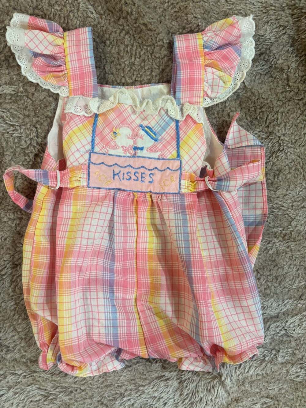 Vintage Plaid Ruffle Strap Romper with Kisses Pocket